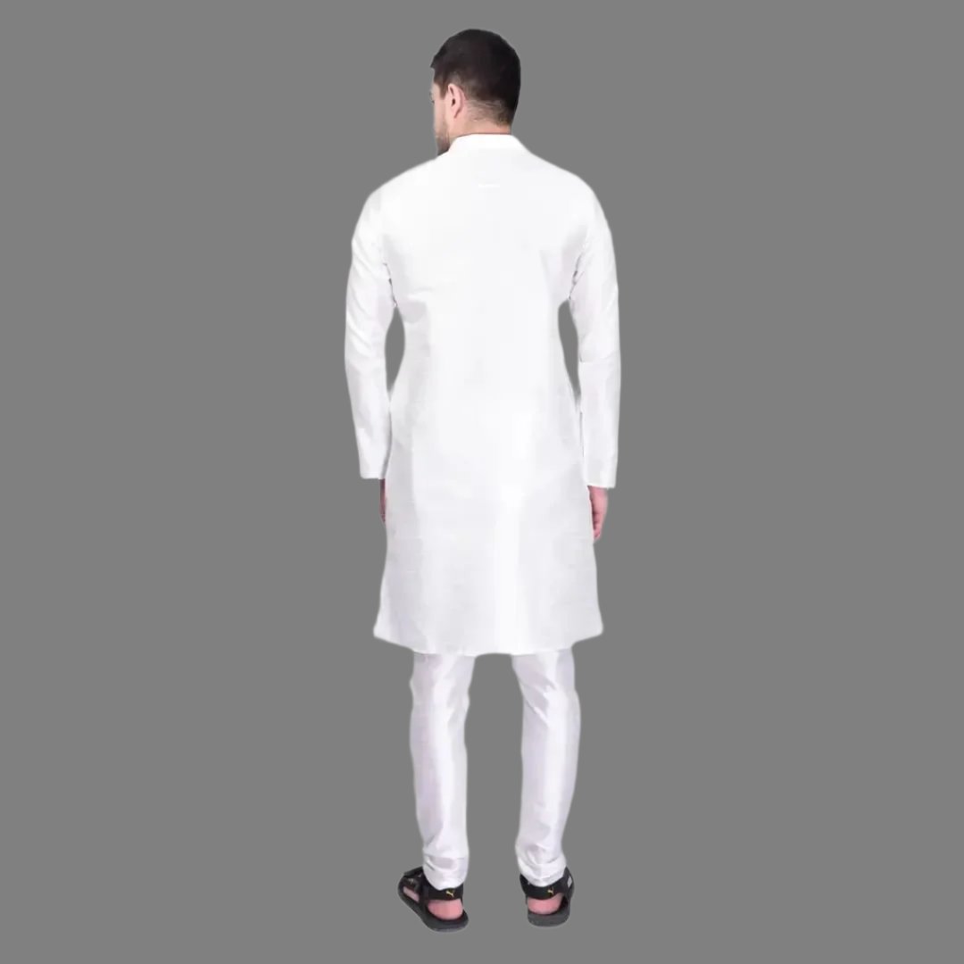 Stylish Silk Kurta & Bottom Set for Men
Size: M, L, XL, XXL
 Color:  White
 Fabric:  Silk
 Type:  Kurta Sets
 Style:  Solid
 Design Type:  Kurta & Bottom Sets
This stylish silk kurta and bottom set for men combines comfort and elegance. Made from high-quality silk, it offers a luxurious feel and drapes effortlessly on the body. The intricate design and vibrant colors make it a perfect choice for any occasion. Upgrade your traditional wardrobe with